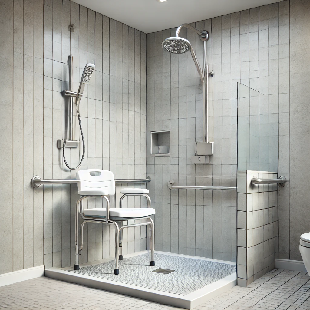 Duschsitz und Haltegriffe in einer ebenerdigen Dusche