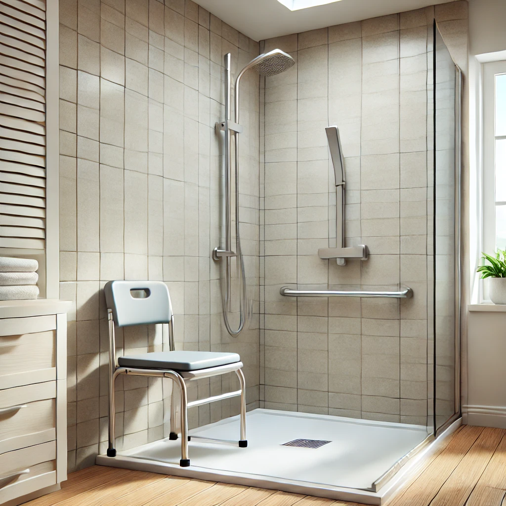 Haltegriff und Duschsitz in einem barrierearmen Badezimmer